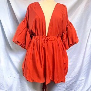 Pretty Little Thing Plus Rust Puff Sleeve Puffball Hem Dress NWT